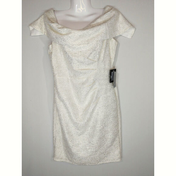 Marina Off-the-Shoulder Metallic Knit Shirred Dress Womens 10 NWT Holidays Party - Picture 2 of 10